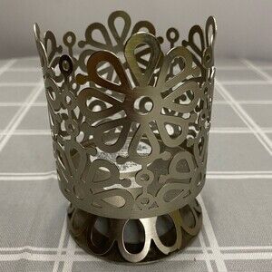 Bath & Body Works BBW Silver Floral Candle Holder Metal Flower Cut Out Pillar